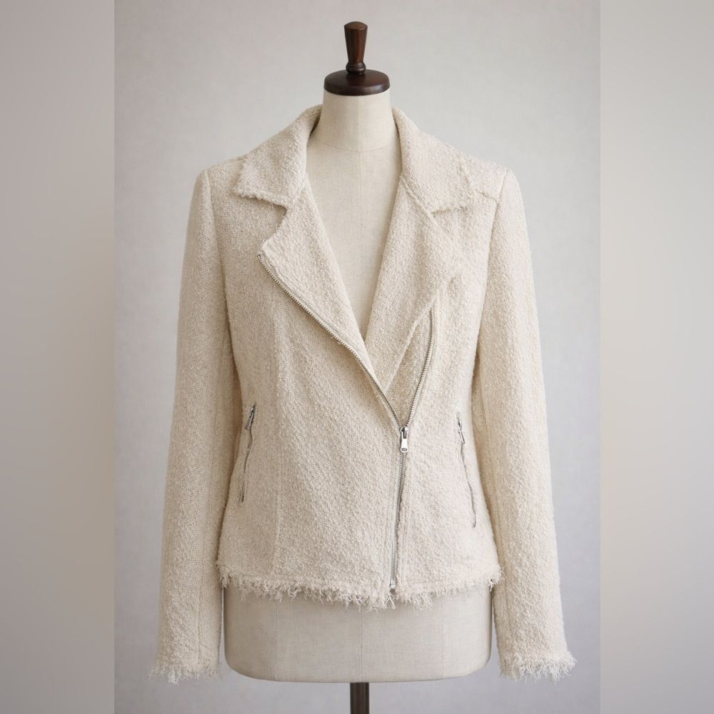 Rebecca Taylor Cream Bouclé Moto Jacket Asym Zip Raw Hem Size 8.